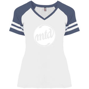 MTD WHITE FILLED LOGO Ladies' Game V-Neck T-Shirt