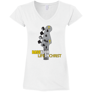 BASS YOUR LIFE ON CHRIST Ladies' Fitted Softstyle 4.5 oz V-Neck T-Shirt - Lathon Bass Wear