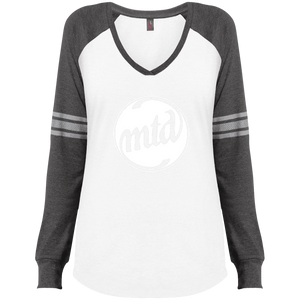 MTD WHITE FILLED LOGO Ladies' Game LS V-Neck T-Shirt
