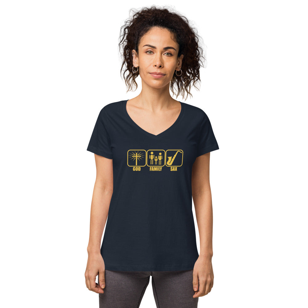 GOD FAMILY SAX - GOLD Women’s fitted V-neck t-shirt